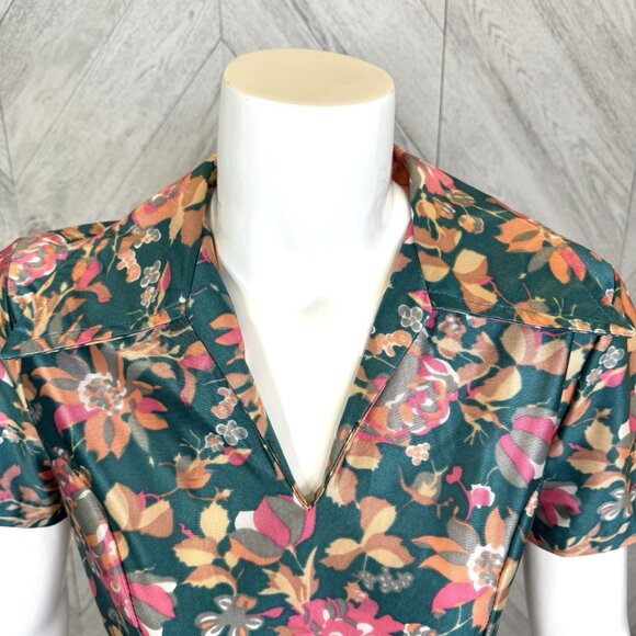Vintage 70s Dress Womens S/M Floral Mini Short Sleeve V-Neck Collar Retro - Picture 2 of 5